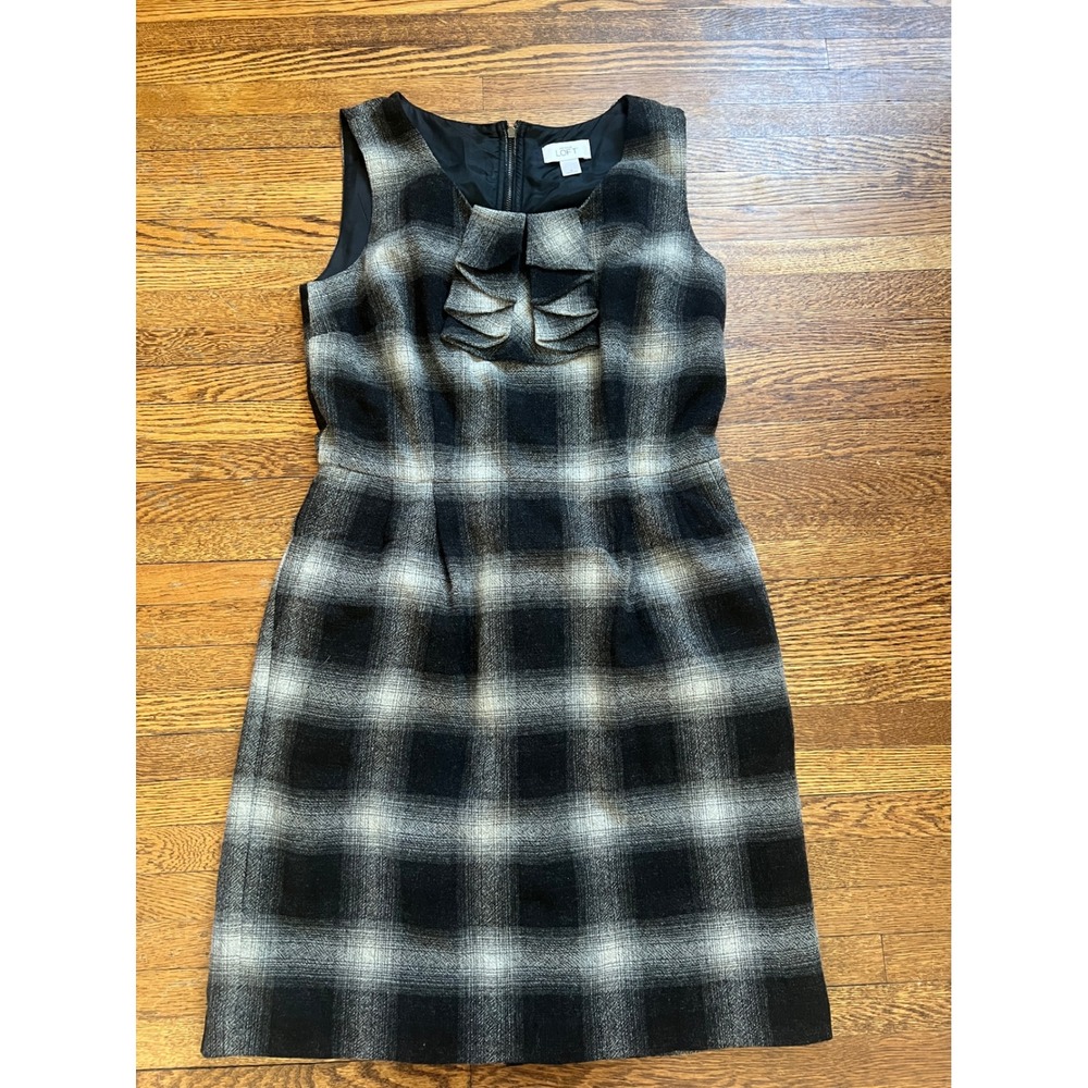 Ann Taylor LOFT Plaid Wool Blend Ruffle Sheath Dress Black Grey Size 6